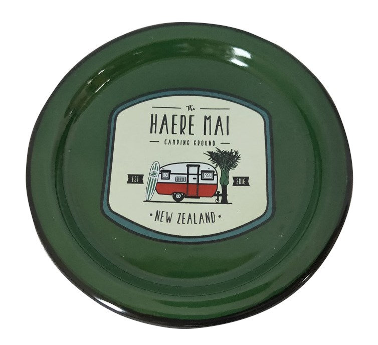 Haere mai green enamel small plate
